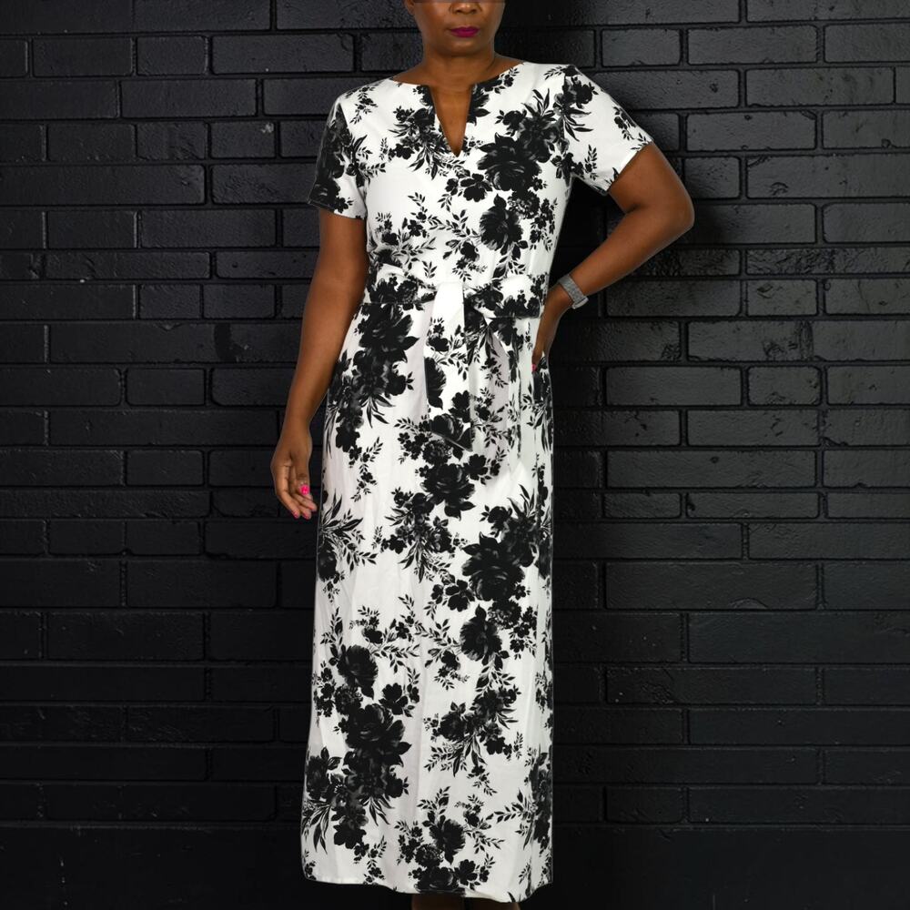 Abbey Glass Heidi Caftan Dress Black White Floral Maxi Straight Belted Linen XS